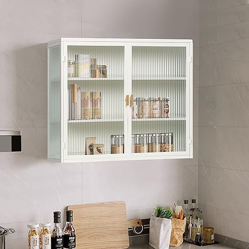 Moderner Hängeschrank Küchenschrank Wandschrank mit 2 Glas Türen, Metal und Glas Badschrank Sideboard Hängend Medizinschrank für Küche Bad (Weiß) von HAINEW