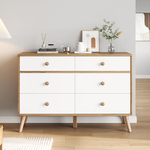 HAINEW Moderner Kommode Sideboard mit 6 Schubladen und Holzbeine, Komodenschrank Aufbewahrungsschrank Schubladenschrank für Schlafzimmer, Wohnzimmer, Flur, 116x40x80cm, Weiß+Naturfarben HAINEW Moderner Kommode Sideboard mit 6 Schubladen und Holzbeine, Komodenschrank Aufbewahrungsschrank Schubladenschrank für Schlafzimmer, Wohnzimmer, Flur, 116x40x80cm, Weiß+Naturfarben von HAINEW