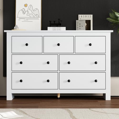 HAINEW Moderner Kommode Sideboard mit 7 Schubladen, Aufbewahrungsschrank Buffetschrank Beistellschrank Buffet mit Runder Griff für Küche, Esszimmer und Wohnzimmer (Weiß) von HAINEW
