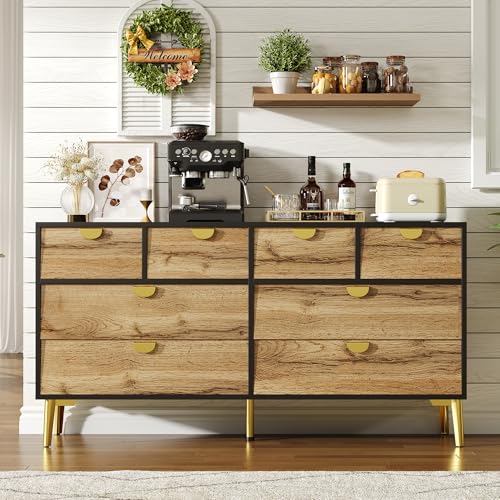 HAINEW Moderner Kommode Sideboard mit 8 Schubladen, Aufbewahrungsschrank Buffetschrank Beistellschrank Buffet mit Goldene Metallgriff und Metallfüße für Wohnzimmer und Esszimmer, Schwarz+Holzfarben von HAINEW