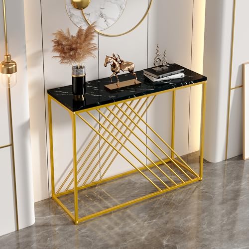 Moderner Konsolentisch Beistelltisch mit Schwarzer Tisch und Goldene Beine, Flurtisch Sofatisch Eingangtisch Sideboard für Flur, Wohnzimmer, 100 × 35 × 77cm von HAINEW