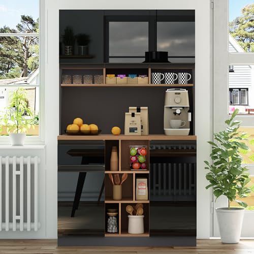 HAINEW Moderner Küchenschrank Hochschrank mit 5 Türen und 1 Schublade, Hochglanz Sideboard Aufbewahrungsschrank Küchenbuffet Mit Offene Staufächer für Küchen, Wohnzimmer, 105×45×185cm (Schwarz) von HAINEW