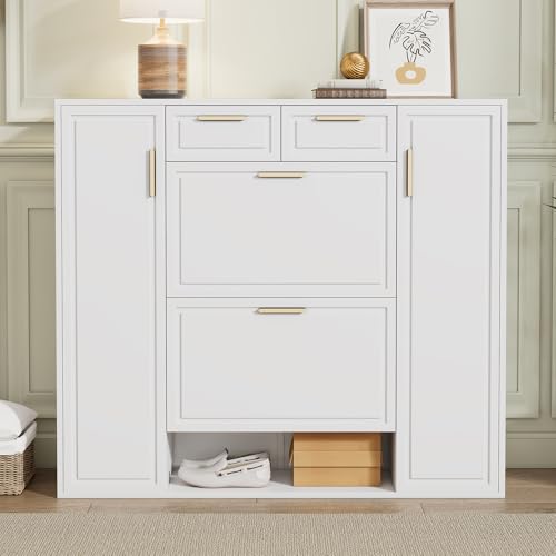 HAINEW Moderner Schuhschrank Schuhkipper mit 2 Klappen und 2 Türen, Schuhregal Schuhaufbewahrung Schuhkommode mit 2 Schubladen für Flur, Schlafzimmer, Wohnzimmer, 120×24×107cm, Weiß von HAINEW