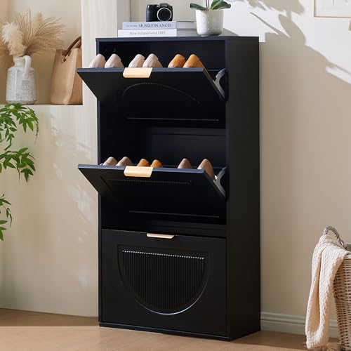 HAINEW Moderner Schuhschrank Schuhkipper mit 3 Klappen und Metallgriffen, Schuhregal Schuhaufbewahrung Schuhkommode für Flur, Schlafzimmer, Wohnzimmer, 60×24×114cm (Schwarz) von HAINEW