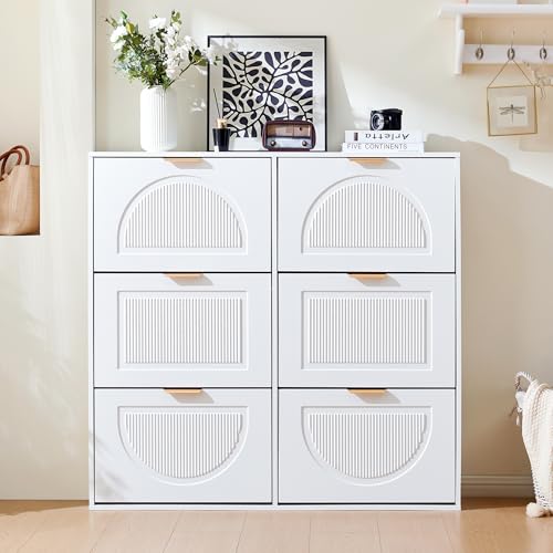 HAINEW Moderner Schuhschrank Schuhkipper mit 6 Klappen und Metallgriffen, Schuhregal Schuhaufbewahrung Schuhkommode für Flur, Schlafzimmer, Wohnzimmer, 118×25×115cm, Weiß von HAINEW