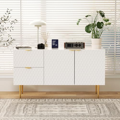 HAINEW Moderner Sideboard Kommode mit 2 Türen und 2 Schubladen, Weiß Aufbewahrungsschrank Anrichte Schrank Beistellschrank mit Goldene Griffe und Füße für Küche, Esszimmer, Wohnzimmer von HAINEW