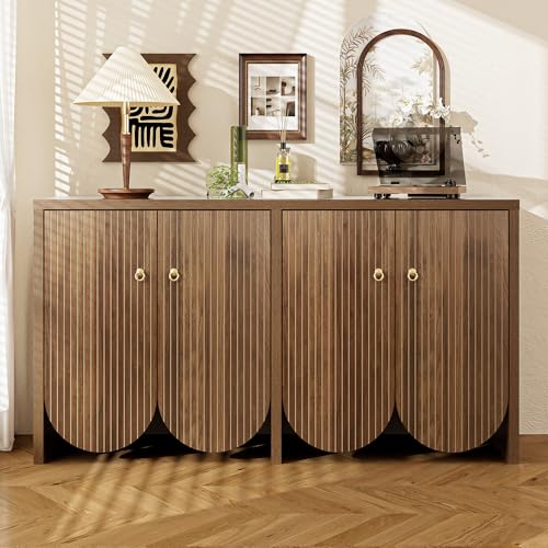 HAINEW Moderner Sideboard Kommode mit 4 Halbovale Türen, Küchenschrank Aufbewahrungsschrank Buffetschrank Küchenbuffet Mit Alugriffen und Verstellbares Regal für Küchen, Wohnzimmer, 147×40×80cm von HAINEW