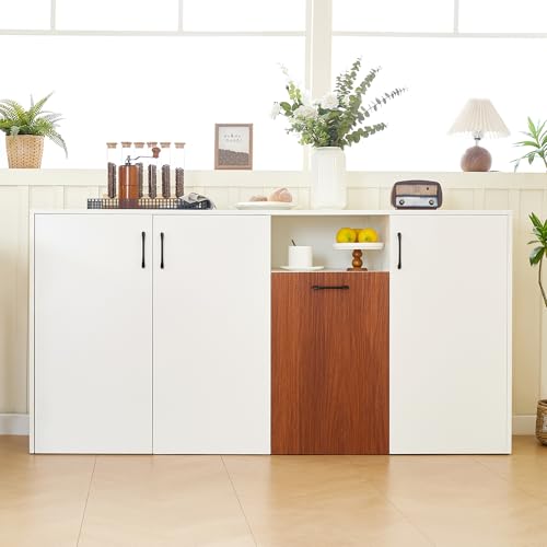 HAINEW Moderner Sideboard Kommode mit 4 Türen und 1 Offenes Staufach, Küchenschrank Aufbewahrungsschrank Buffetschrank Küchenbuffet Mit Verstellbares Regal für Küchen, Wohnzimmer, 160×40×80cm, Weiß von HAINEW