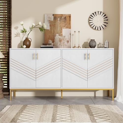 Moderner Sideboard Kommode mit 4 Türen und Geometrisches Muster, Küchenschrank Aufbewahrungsschrank Buffetschrank Küchenbuffet mit Goldene Beine für Küchen, Wohnzimmer, 160×40×80,5cm (Weiß) von HAINEW