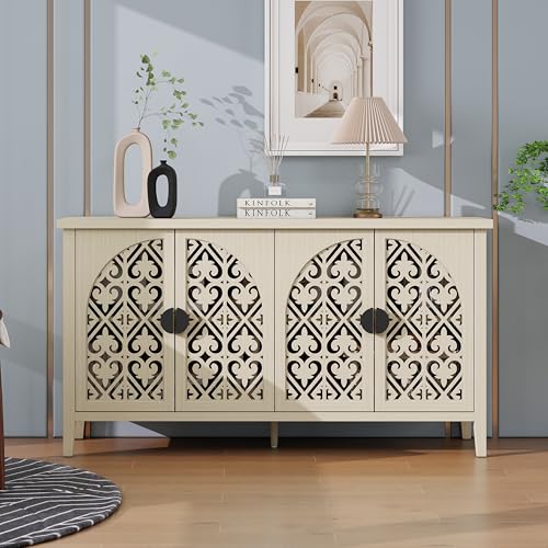HAINEW Moderner Sideboard Küchenschrank mit 4 Hohl Geschnitzte Türen und Verstellbaren Einlegeböden, Aufbewahrungsschrank Buffetschrank für Küche Wohnzimmer Esszimmer, Natur, 148×40×80cm von HAINEW