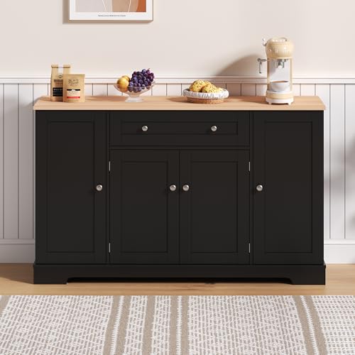HAINEW Moderner Sideboard Küchenschrank mit 4 Türen und Schublade, Aufbewahrungsschrank Buffetschrank Esszimmerschrank mit Verstellbaren Einlegeböden für Wohnzimmer Küche (Schwarz) von HAINEW