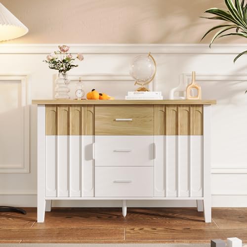 HAINEW Moderner Sideboard mit 2 Türen und 3 Schubladen, 120cm Breit Holz Küchenschrank Kommode, Einzigartige Türverkleidungen mit Konkaver und Konvexer Textur, Weiß und Holzfarbe, 120 x 40 x 80 cm von HAINEW