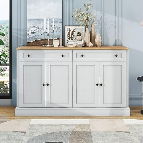 HAINEW Moderner Sideboard mit 4 Türen und 2 Schubladen, Holz Highboard Kommode Anrichte Schrank Buffetschrank für Esszimmer und Wohnzimmer, 150L x 40B x 86H cm (Weiß+Natur) von HAINEW