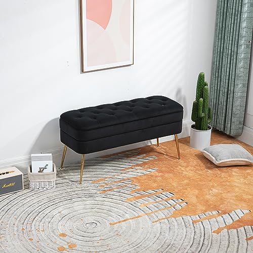 HAINEW Moderner Sitzbank Sitzhocker mit Stauraum, Samt Rechteckig Polsterbank Aufbewahrungstruhe Schminkbank Mit Golden Metallbeine, für Flur Wohnzimmer Schlafzimmer, 104 × 40 × 51cm (Schwarz) von HAINEW