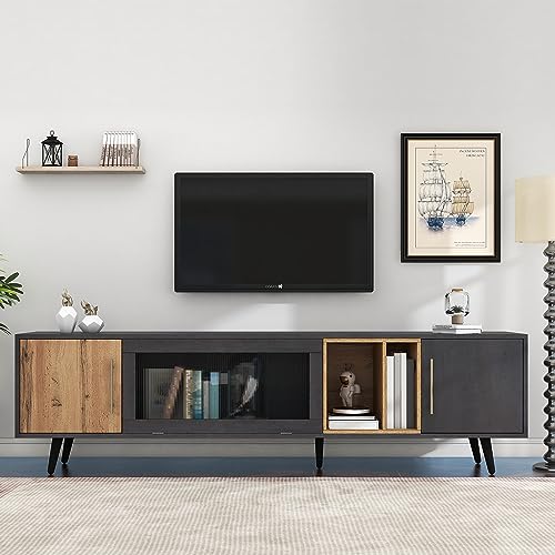 HAINEW Moderner Stil TV Lowboard mit 3 Schranktüren und EIN offener Stauraum für TV bis zu 90 Zoll, TV Ständer, Holz TV-Schrank, Grau und Holzmaserung Fernsehtisch, TV-Regal, 200 x 40 x 55,5 cm von HAINEW