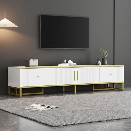 HAINEW Moderner TV Schrank TV Lowboard mit 2 Türen und 2 Schublade für 80-Zoll-Fernseher, Weiß 180cm Lang Fernsehtisch Fernsehschrank TV-Regal mit Goldene Metallfüße, 200 x 40 x 49cm von HAINEW