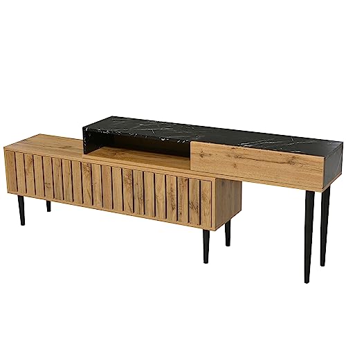 HAINEW Moderner TV Schrank TV Lowboard mit Marmor- und Holzmaserungsdesign, TV-Ständer mit PVC-Kante und Eisenbeinen, platzsparend Fernsehtisch von HAINEW