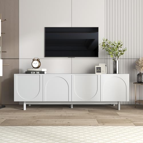 HAINEW Moderner Weiß TV Schrank TV Lowboard mit 4 Strukturierte Türen und Verstellbare Ablage, Fernsehtisch TV-Regal Fernsehschrank für Wohnzimmer Schlafzimmer HAINEW Moderner Weiß TV Schrank TV Lowboard mit 4 Strukturierte Türen und Verstellbare Ablage, Fernsehtisch TV-Regal Fernsehschrank für Wohnzimmer Schlafzimmer von HAINEW