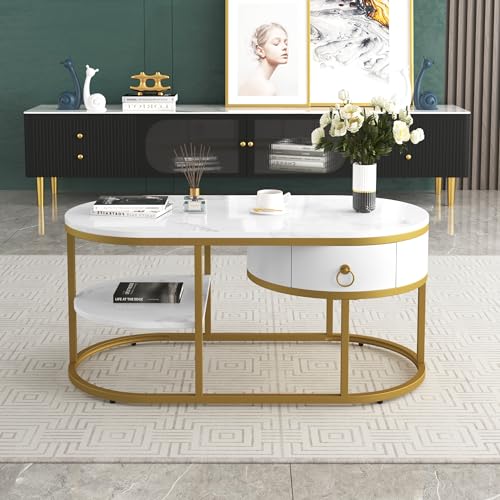 HAINEW Modernes Oval Couchtisch mit PVC-Marmoroptik und 1 Schubladen, Weiß Wohnzimmertisch Kaffeetisch Sofatisch Beistelltisch mit Goldenem Eisengestell und Ablageflächen von HAINEW