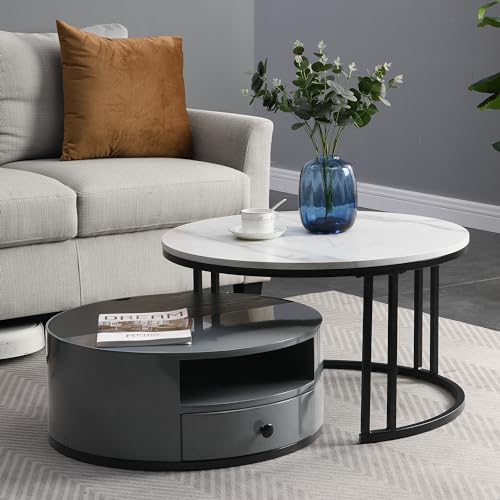 HAINEW Modernes Rund Couchtisch 2er Set mit PVC-Marmoroptik und 1 Schubladen, Weiß und Grau Hochglanz Satztische Set, Wohnzimmertisch Kaffeetisch Sofatisch Beistelltisch HAINEW Modernes Rund Couchtisch 2er Set mit PVC-Marmoroptik und 1 Schubladen, Weiß und Grau Hochglanz Satztische Set, Wohnzimmertisch Kaffeetisch Sofatisch Beistelltisch von HAINEW