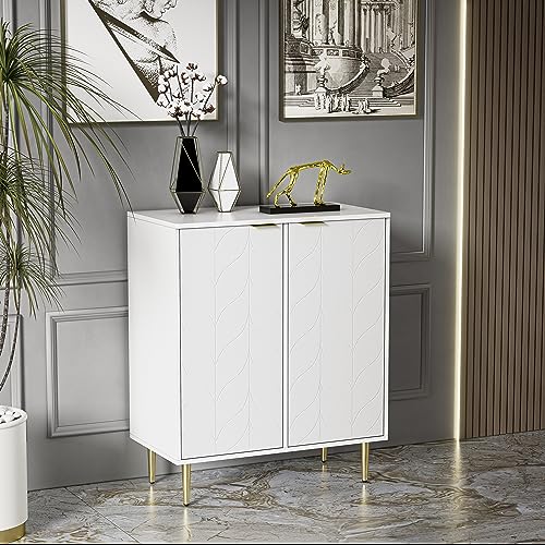 HAINEW Modernes Sideboard mit 2 Türen, Kommode Küchenschrank Blumenmuster lackiert Aufbewahrungsschrank, mit vergoldeten Beinen und Griffen, 3 Etagen und 6 Fächer, für Schlafzimmer, Wohnzimmer, Weiß von HAINEW