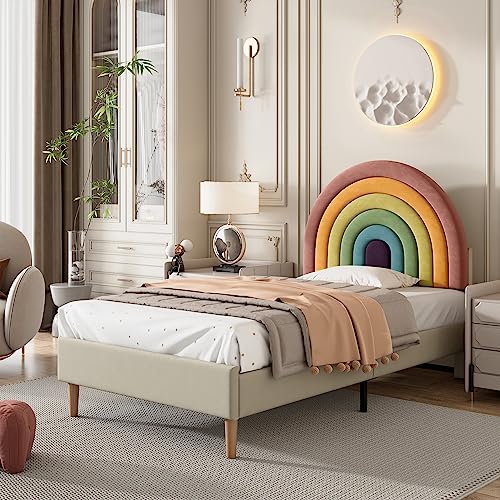 HAINEW Polsterbett 90×200cm Mit Lattenrost Und Regenbogen Kopfteil Jugendbett Für Erwachsene Und Jugendliche, Bettrahmen Mit Höhenverstellbares Kopfteil, Samt, Einfache Montage (Beige, 90×200cm) von HAINEW