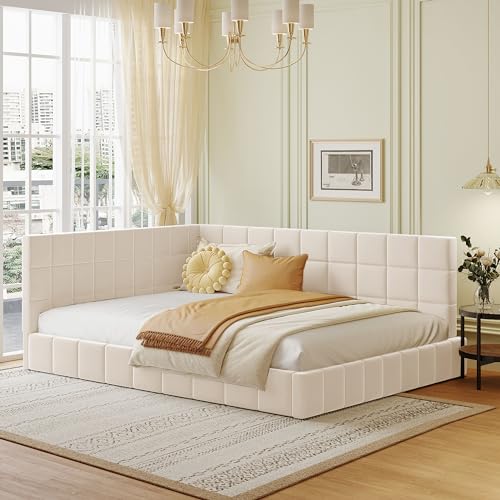 HAINEW Polsterbett Schlafsofa 140 x 200cm mit Ecke Rückenlehne, Moderner Samt Doppelbett Bettgestell Gepolstertes Rahmenbettgestell mit Lattenrost Für Erwachsene, Kinder, Jugendliche (Beige) von HAINEW