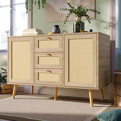 HAINEW Rattan Kommode mit 2 Türen und 3 Schubladen, Moderne Eichenfarbe Sideboard mit Verstellbare Ablage, Massivholzfüßen, Beistellschrank Aufbewahrungsschrank, H82×L120×T40cm von HAINEW