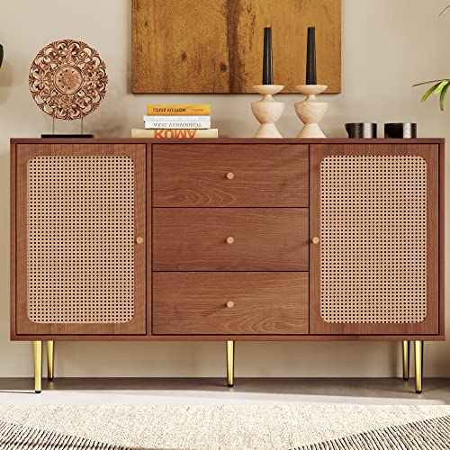 HAINEW Rattan Sideboard Kommode mit 2 Türen und 3 Schubladen, Skandinavische Sideboard mit Goldene Beine und Verstellbare Ablage für Wohnzimmer Schlafzimmer, Nussbaum, H90/B150/T40 cm von HAINEW