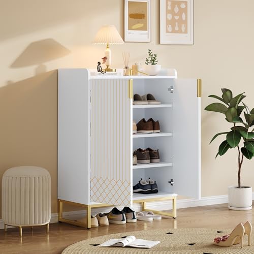 HAINEW Schuhschrank Schuhregal Schuhkommode mit 2 Türen, Weiß Sideboard Holzregal Organizer mit Goldene Metallbeinen und Griffe für Eingangsbereich, Flur, Wohnzimmer, 75×37×105cm (1) von HAINEW