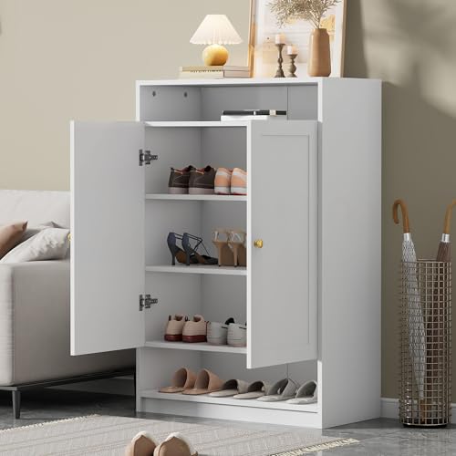 HAINEW Schuhschrank Schuhregal Schuhkommode mit 2 Türen und Verstellbaren Regalen, Weiß Sideboard Holzregal Organizer für Eingangsbereich, Flur, Wohnzimmer, 73×34×109cm von HAINEW