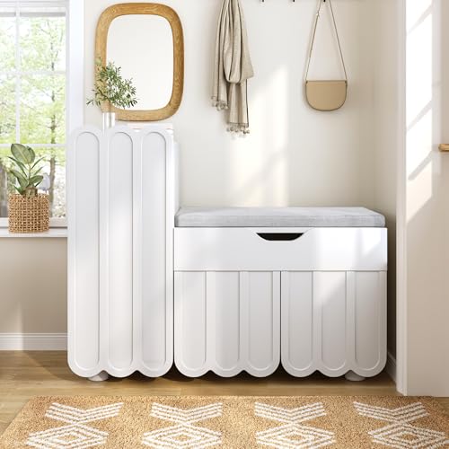 HAINEW Schuhschrank Schuhregal Schuhkommode mit 3 Blumenförmige Türen, Schuhaufbewahrung Holzregal Organizer mit Schuhbank für Eingangsbereich, Flur, Wohnzimmer, 90×35×75cm, Weiß von HAINEW