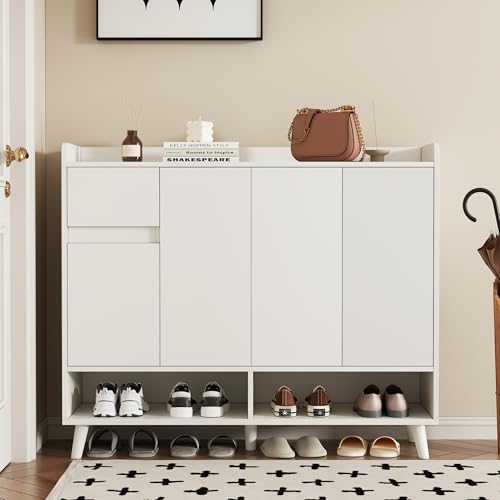 HAINEW Schuhschrank Schuhregal Schuhkommode mit 3 Türen und 1 Schublade, Sideboard Holzregal Organizer mit Verstellbaren Regal für Eingangsbereich, Flur, Wohnzimmer, 120×35×99cm, Weiß von HAINEW