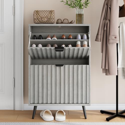 HAINEW Schuhschrank mit 2 Klappen, Schuhregal Schuhkipper Schmal Schuhaufbewahrung Schuhkommode mit Wellenmuster für Flur, Schlafzimmer, 60×24×94cm, Grau von HAINEW
