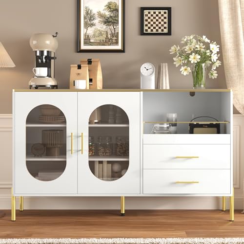 HAINEW Sideboard Kommode mit 2 Glas Türen und 2 Schubladen, Komodenschrank Esszimmerschrank Aufbewahrungsschrank mit Offene Ablagefächer für Wohnzimmer Esszimmer, Weiß+Gold, 140×38×90cm von HAINEW