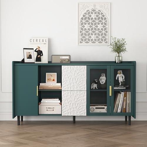 HAINEW Sideboard Kommode mit 2 Schubladen und 2 Glastüren, Aufbewahrungsschrank Buffetschrank Beistellschrank Buffet Mit 2 Offenen Staufächern für Schlafzimmer, Wohnzimmer, Flur, 150x40x80cm (Grün) HAINEW Sideboard Kommode mit 2 Schubladen und 2 Glastüren, Aufbewahrungsschrank Buffetschrank Beistellschrank Buffet Mit 2 Offenen Staufächern für Schlafzimmer, Wohnzimmer, Flur, 150x40x80cm (Grün) von HAINEW