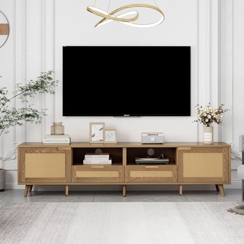 HAINEW TV Schrank Lowboard Mit Echtem Rattandesign und Massiven Holzfüßen für Fernseher Bis Zu 85 Zoll, Geflochtener Rattan TV-Konsolentisch, 200×37×49cm (Eiche) von HAINEW