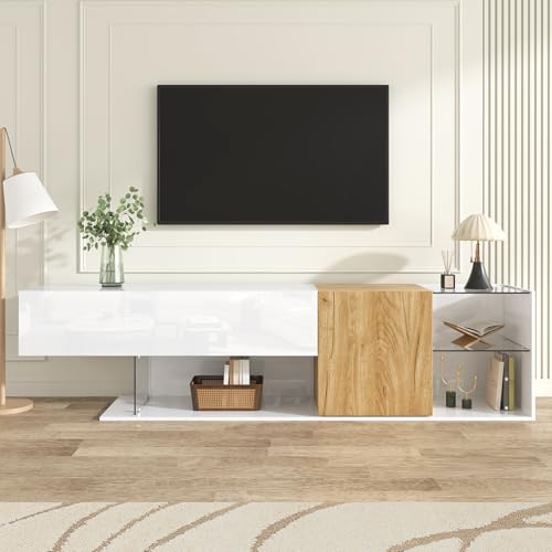 HAINEW TV Schrank Lowboard mit 2 Türen und Glasregalen, TV Tisch Ständer Fernsehtisch Fernsehschrank mit Hochglanz Front für Wohnzimmer Schlafzimmer, 180×38×48cm, Weiß+Natur HAINEW TV Schrank Lowboard mit 2 Türen und Glasregalen, TV Tisch Ständer Fernsehtisch Fernsehschrank mit Hochglanz Front für Wohnzimmer Schlafzimmer, 180×38×48cm, Weiß+Natur von HAINEW