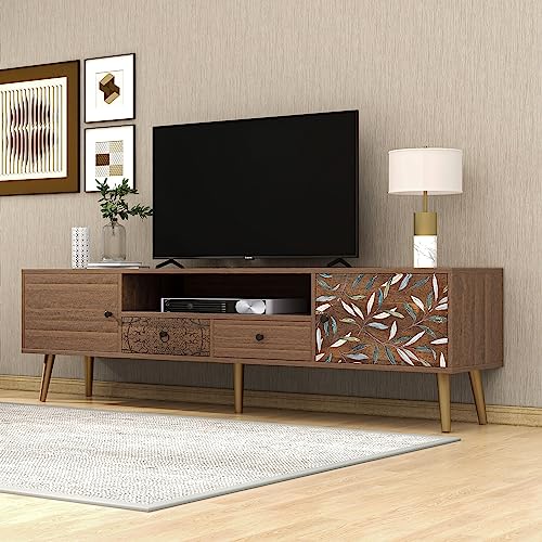 HAINEW TV Schrank Mit 2 Schubladen und 2 Türen, 180×38×50.5cm, Vintage Landhaus-Design TV Lowboard TV Fernsehschrank TV Fernsehtisch Mit Goldene Füße und Aufdruck Für Wohnzimmer, Esszimmer von HAINEW