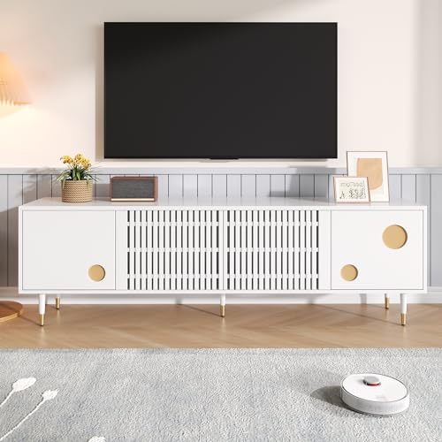 HAINEW TV Schrank TV Lowboard mit 2 Gitterstruktur Türen und 2 Holz Türen, TV Tisch TV Ständer Fernsehtisch Fernsehschrank mit Versteckten Griffen für Wohnzimmer Schlafzimmer, 170×36×54cm (Weiß) von HAINEW