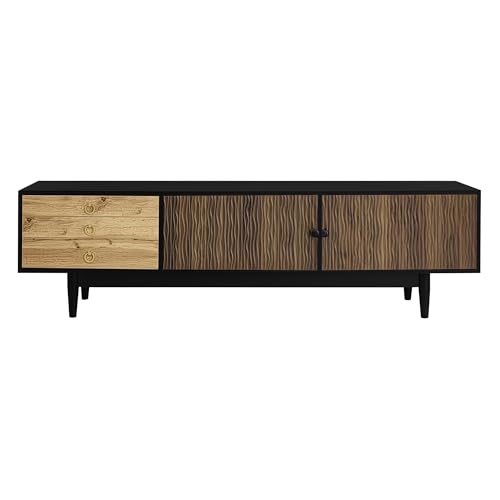 HAINEW TV Schrank TV Lowboard mit 2 Wasserwellenmuster Türen und 3 Schubladen, TV Tisch TV Ständer Fernsehtisch Fernsehschrank für Wohnzimmer Schlafzimmer, 180×38×50cm, Schwarz+Holzfarbe HAINEW TV Schrank TV Lowboard mit 2 Wasserwellenmuster Türen und 3 Schubladen, TV Tisch TV Ständer Fernsehtisch Fernsehschrank für Wohnzimmer Schlafzimmer, 180×38×50cm, Schwarz+Holzfarbe von HAINEW