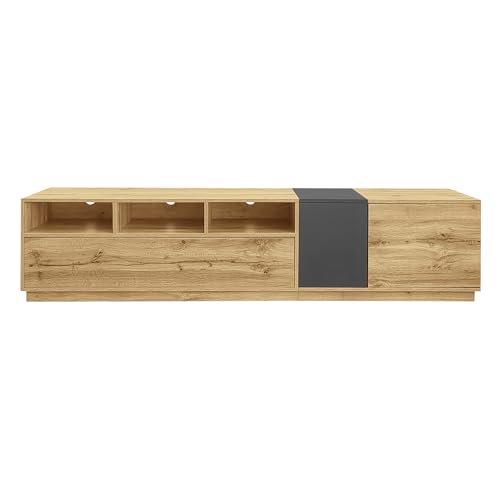 HAINEW TV Schrank TV Lowboard mit 3 Türen und Offenen Fächern, TV Tisch TV Ständer Fernsehtisch Fernsehschrank mit Kabelöffnungen für Wohnzimmer Schlafzimmer, 200×45×45cm, Schwarz+Holzfarbe von HAINEW