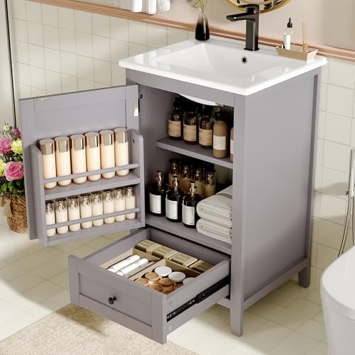 HAINEW Waschtisch mit Unterschrank, Waschbeckenunterschrank Badezimmerschrank mit Waschbecken, Standschrank Badmöbel 2er Set mit 1 Tür und 1 Schublade, 51x46x85cm (Grau) von HAINEW
