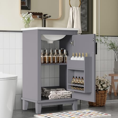 HAINEW Waschtisch mit Unterschrank, Waschbeckenunterschrank Badezimmerschrank mit Waschbecken, Standschrank Badmöbel 2er Set mit 1 Tür und Verstellbare Regale, 51x34x83cm (Grau) von HAINEW