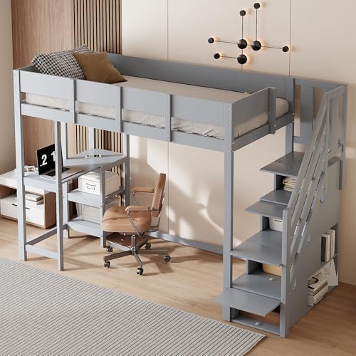 Hochbett Holzbett 90 x 200cm mit Stauraum Treppe und Schreibtisch, Kinderbett Funktionsbett mit Offene Ablagefächer und Ablageflächen für Jungen oder Mädchen (Grau) von HAINEW