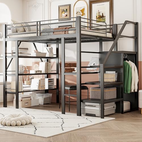 Hochbett Metallbett 140 x 200cm mit Schreibtisch und Kleiderschrank, Eisenbett Funktionsbett Einzelbett Kinderbett mit Treppe und Offene Ablagefächer für Kinder Oder Jugendliche (Schwarz) von HAINEW