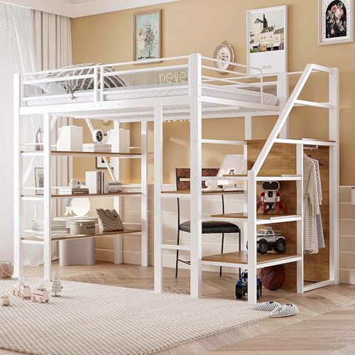 Hochbett Metallbett 140 x 200cm mit Schreibtisch und Kleiderschrank, Eisenbett Funktionsbett Einzelbett Kinderbett mit Treppe und Offene Ablagefächer für Kinder Oder Jugendliche (Weiß) von HAINEW