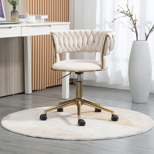 Homeoffice Stuhl Drehstuhl Schreibtischstuhl 360°-Drehstuhl aus Samt Schminkstuhl Schreibtischstuhl aus Stoff Bürostuhl mit Goldenen Beinen Höhenverstellbarer Empfangsstuhl (Elfenbeinweiß) von HAINEW