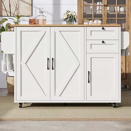Kücheninsel Küchenwagen auf Rollen mit Klappbarer Arbeitsplatte und Handtuchhalter, Küchenschrank Servierwagen Küchentrolley Buffetschrank mit 2 Schubladen und 3 Türen, 120×43,2/71,2×92cm (Weiß) von HAINEW