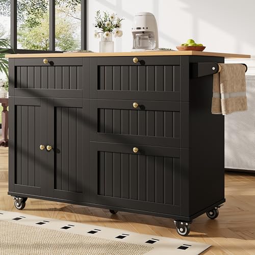 Kücheninsel Küchenwagen auf Rollen mit Klappbarer Arbeitsplatte und Handtuchhalter, Küchenschrank Servierwagen Küchentrolley Buffetschrank mit 3 Schubladen und 3 Türen, 133×37,3/70×88cm (Schwarz) von HAINEW